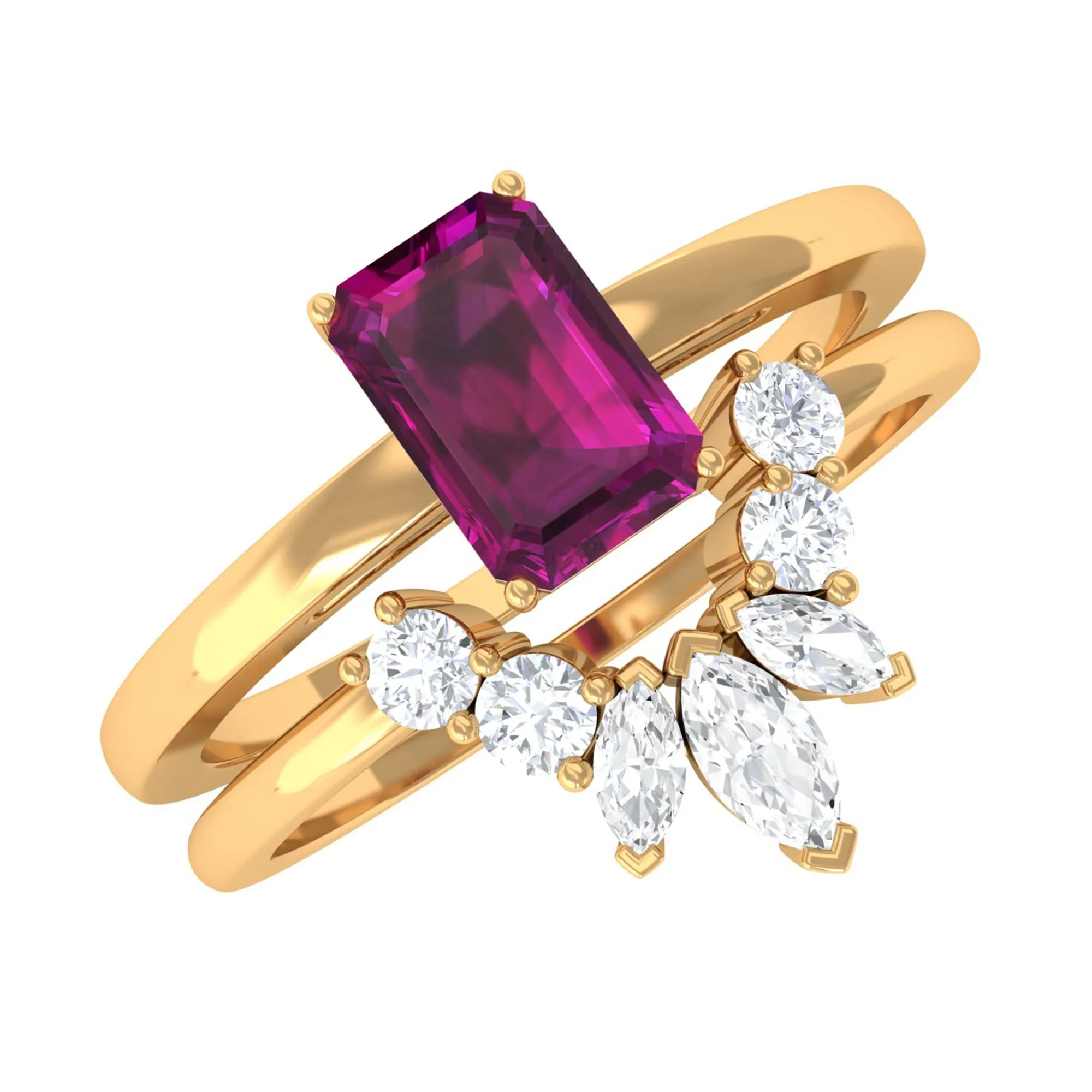 1 CT Emerald Cut Rhodolite Wedding Ring Set with Diamond