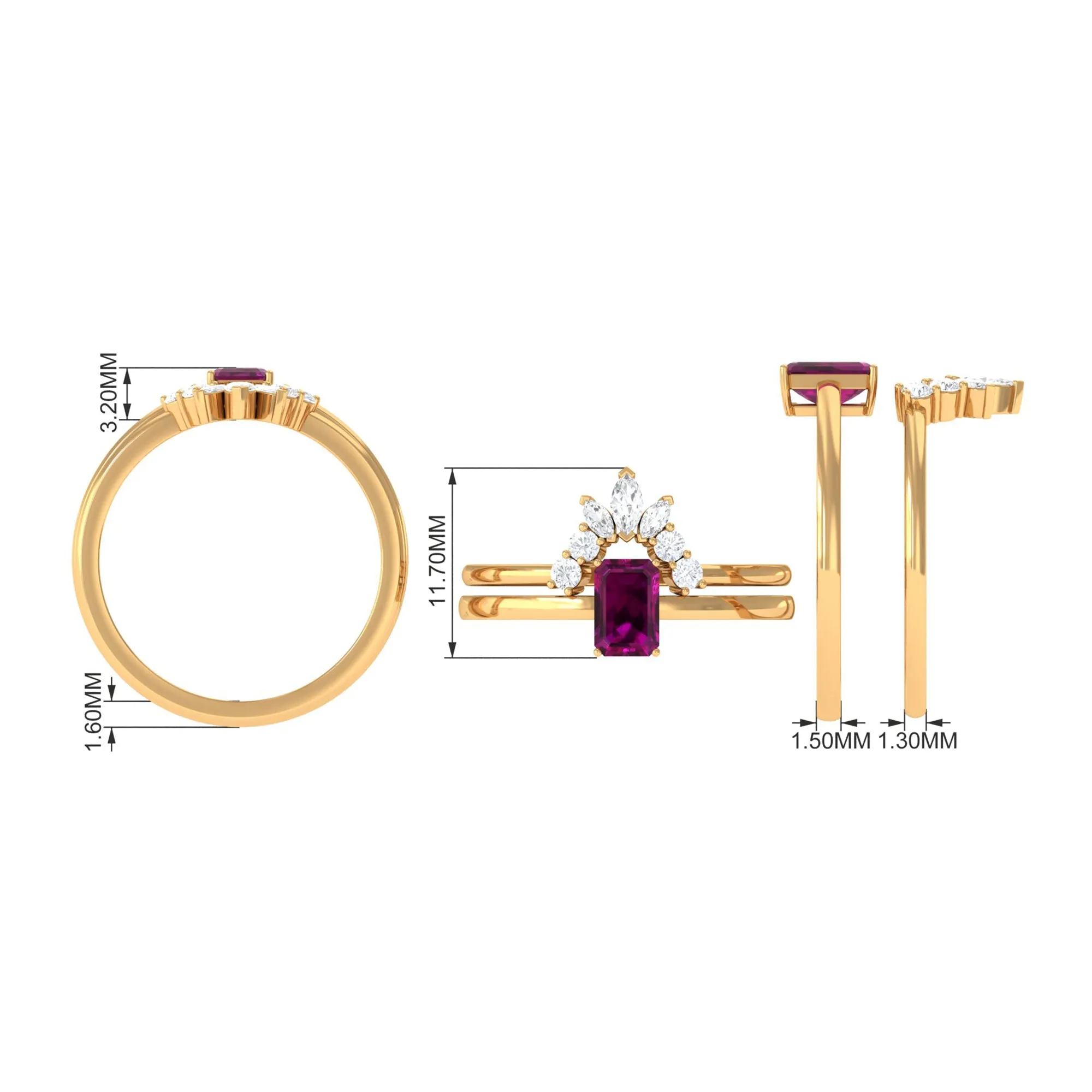1 CT Emerald Cut Rhodolite Wedding Ring Set with Diamond