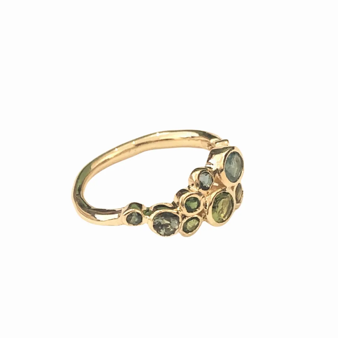 18K Yellow Gold Bezel-set Cluster Green and Blue Tourmaline Ring