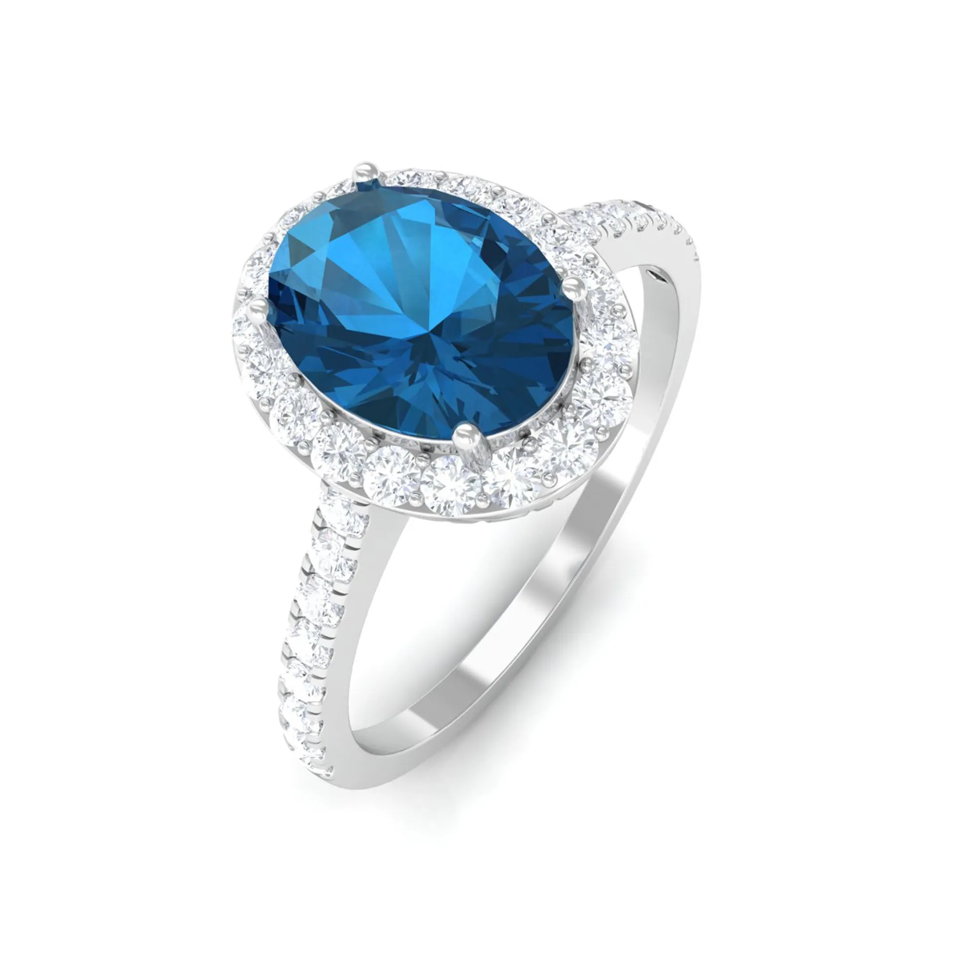 2 CT Oval Cut London Blue Topaz Solitaire Ring with Diamond Halo