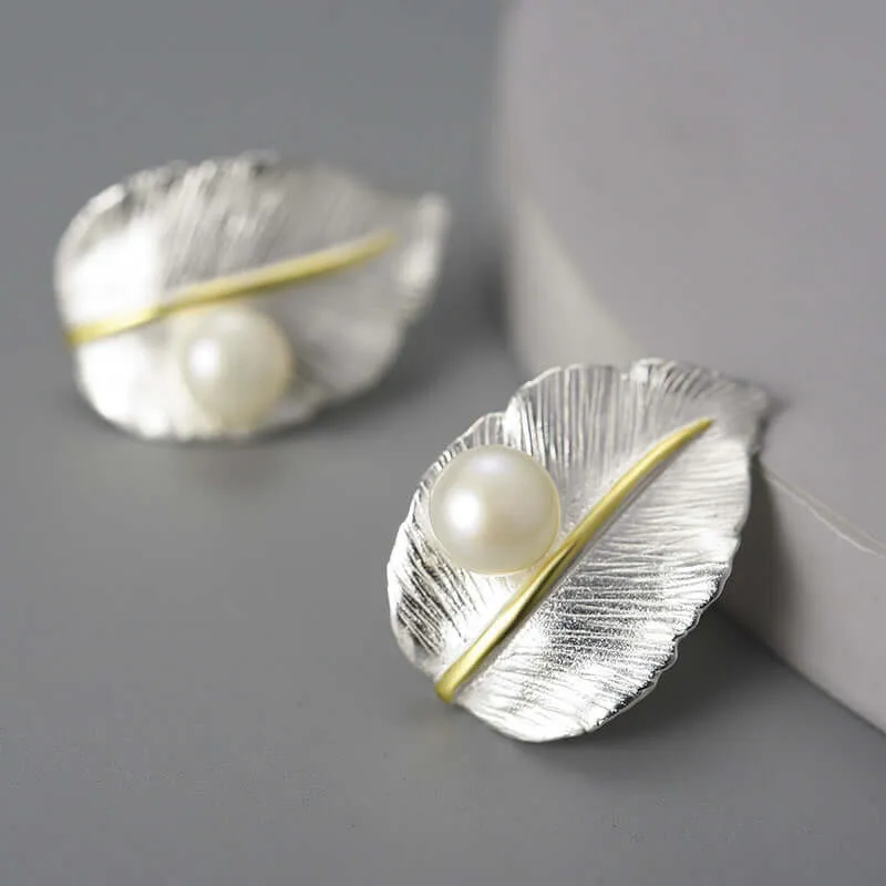 925 Silver Wide Leaf with Pearl Stud Earrings