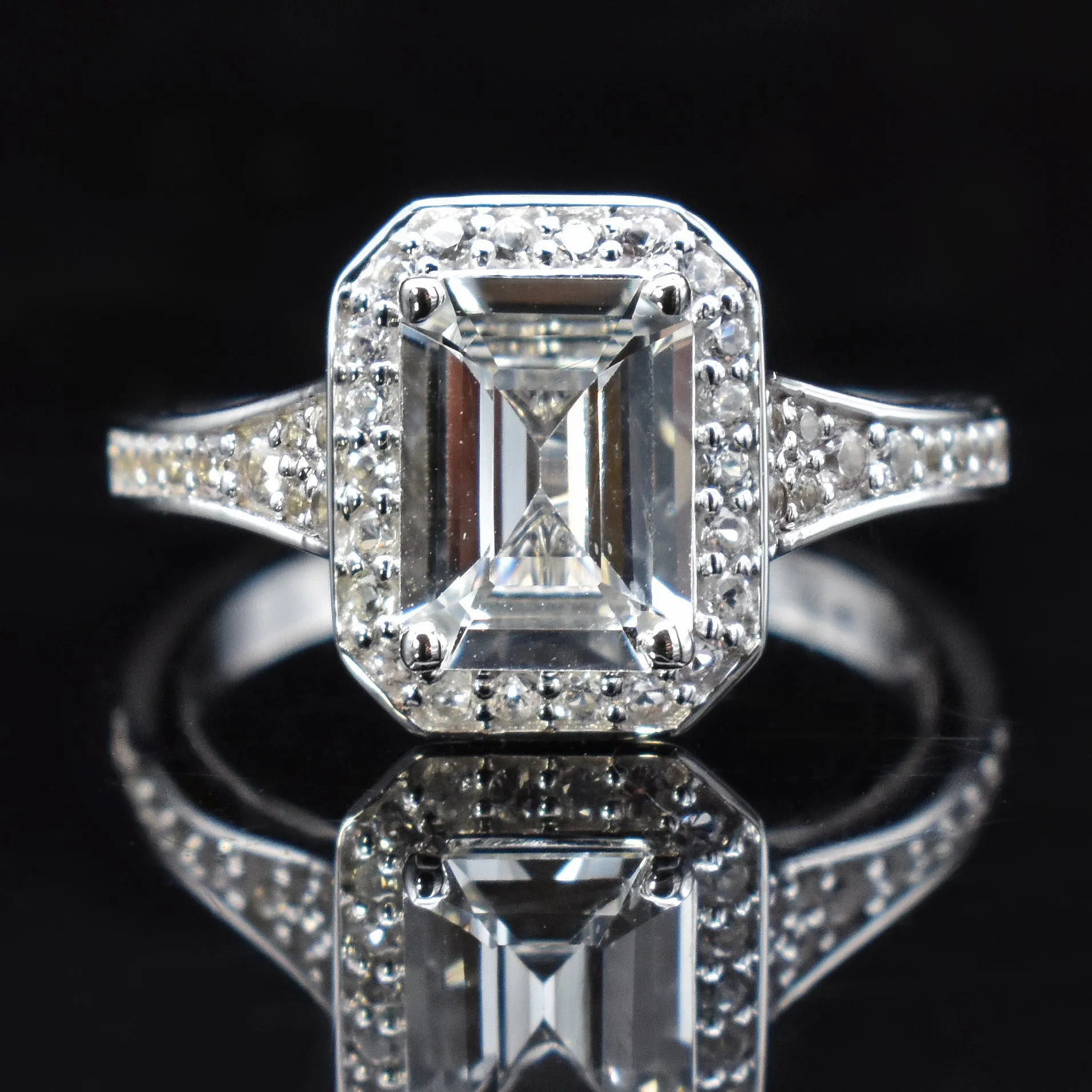 Art Deco Emerald Cut Engagement Ring in White Gold