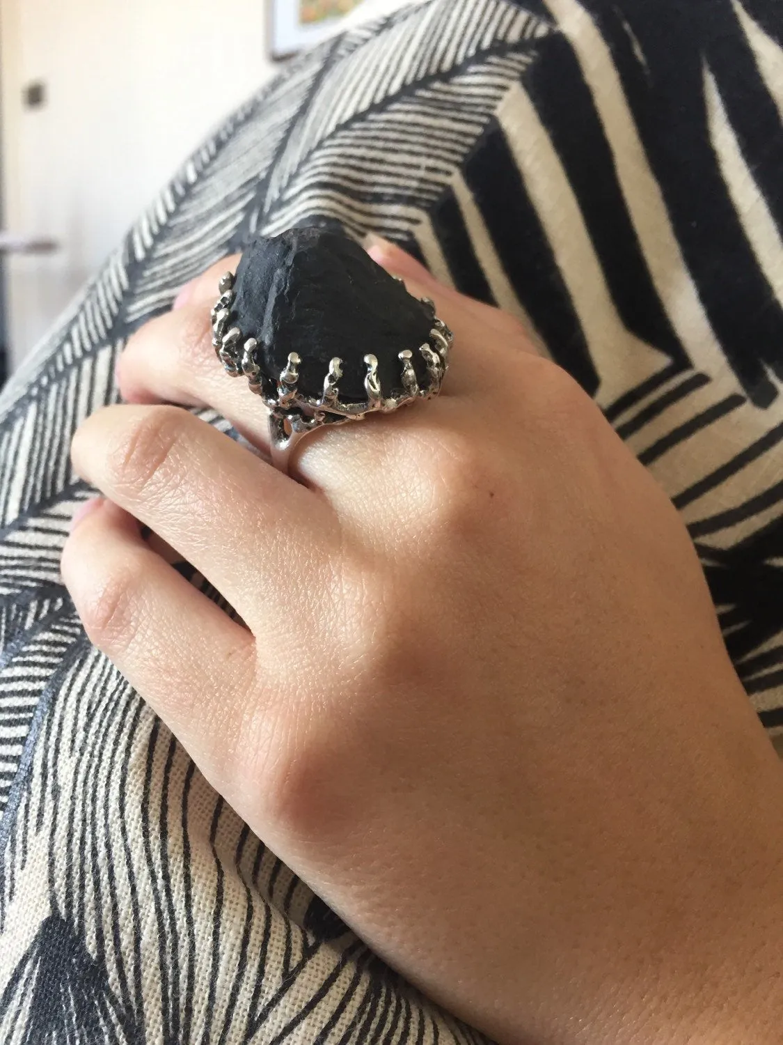 Black Agate Silver Ring - Statement Black Ring, Black Large Ring
