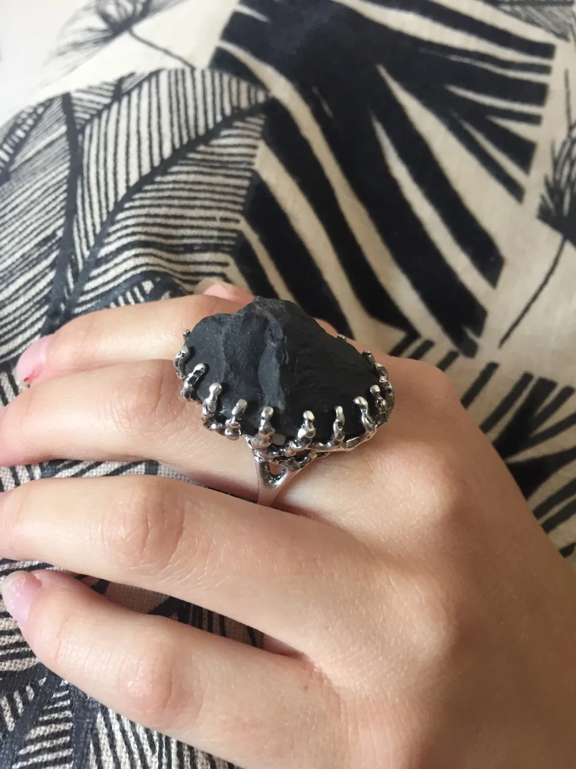Black Agate Silver Ring - Statement Black Ring, Black Large Ring
