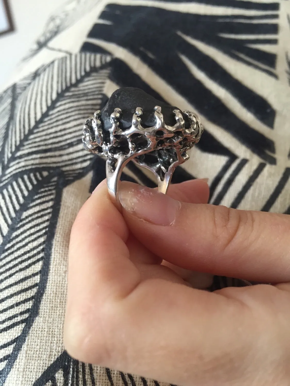 Black Agate Silver Ring - Statement Black Ring, Black Large Ring