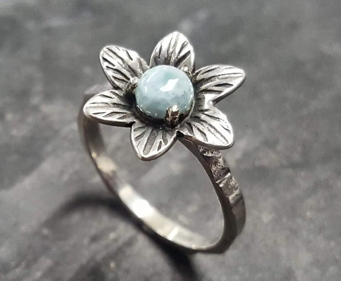 Blue Flower Ring - Genuine Larimar Ring - Vintage Floral Ring