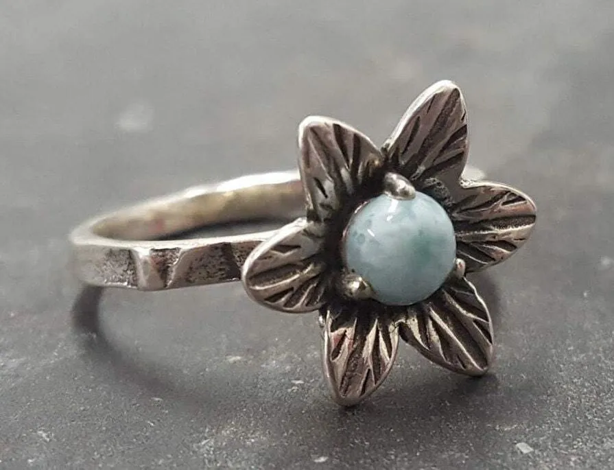 Blue Flower Ring - Genuine Larimar Ring - Vintage Floral Ring