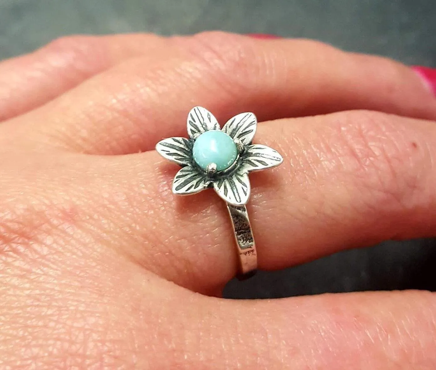 Blue Flower Ring - Genuine Larimar Ring - Vintage Floral Ring