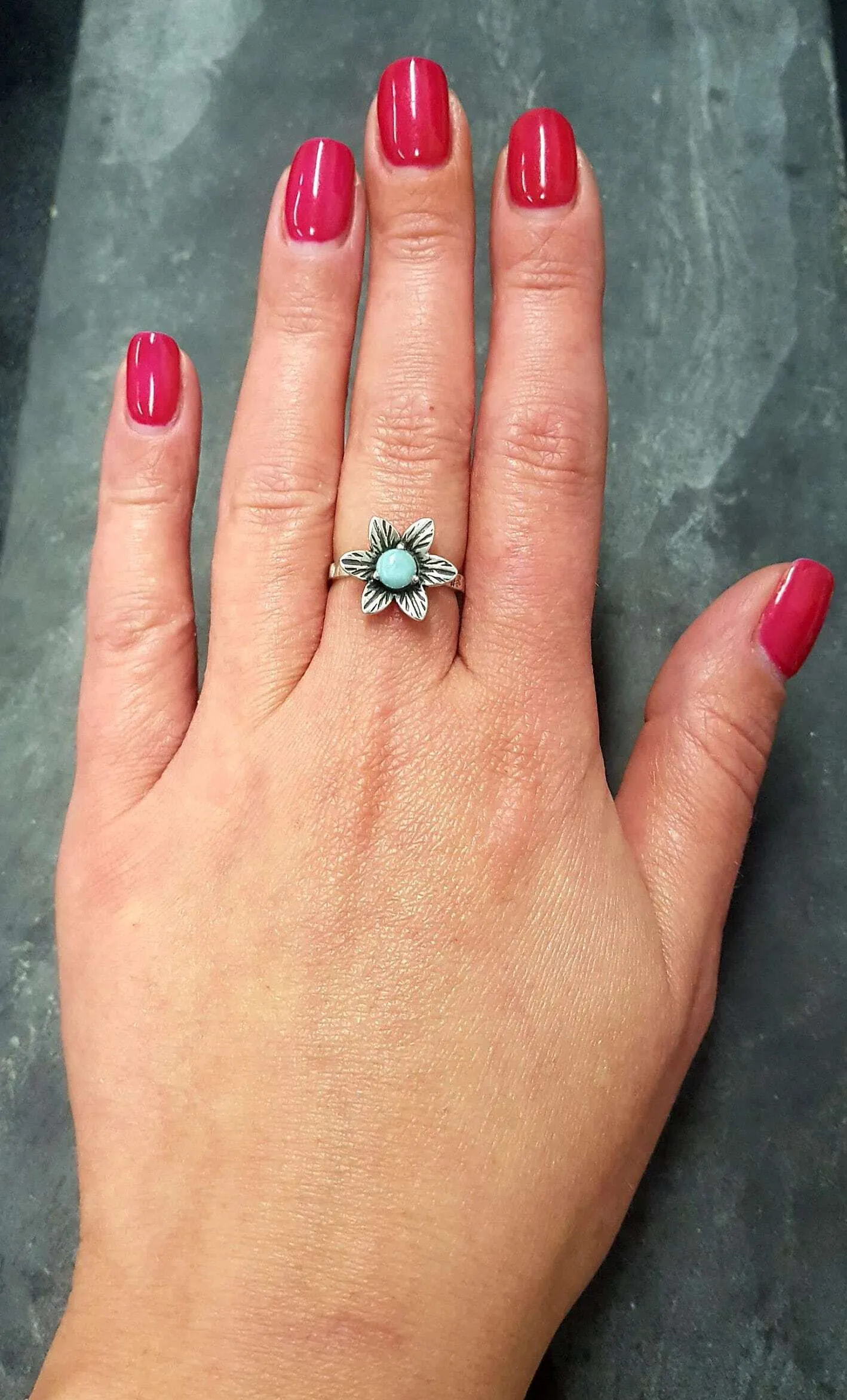 Blue Flower Ring - Genuine Larimar Ring - Vintage Floral Ring
