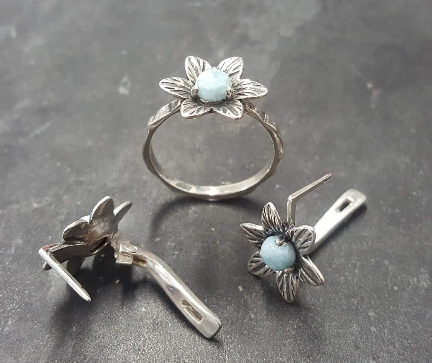 Blue Flower Ring - Genuine Larimar Ring - Vintage Floral Ring