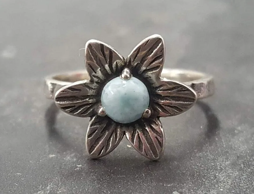 Blue Flower Ring - Genuine Larimar Ring - Vintage Floral Ring
