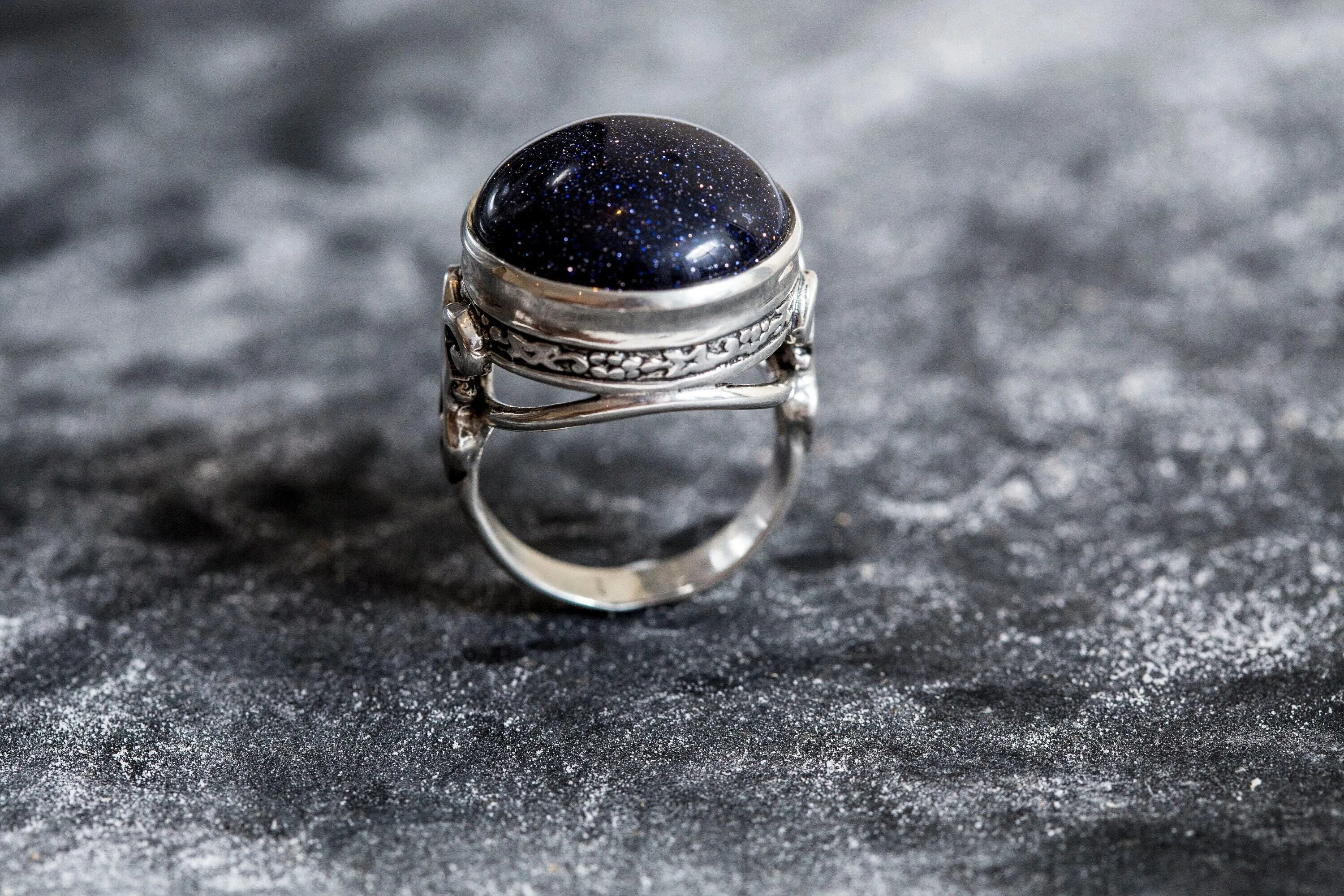 Blue Sandstone Ring - Large Round Ring - Blue Vintage Ring