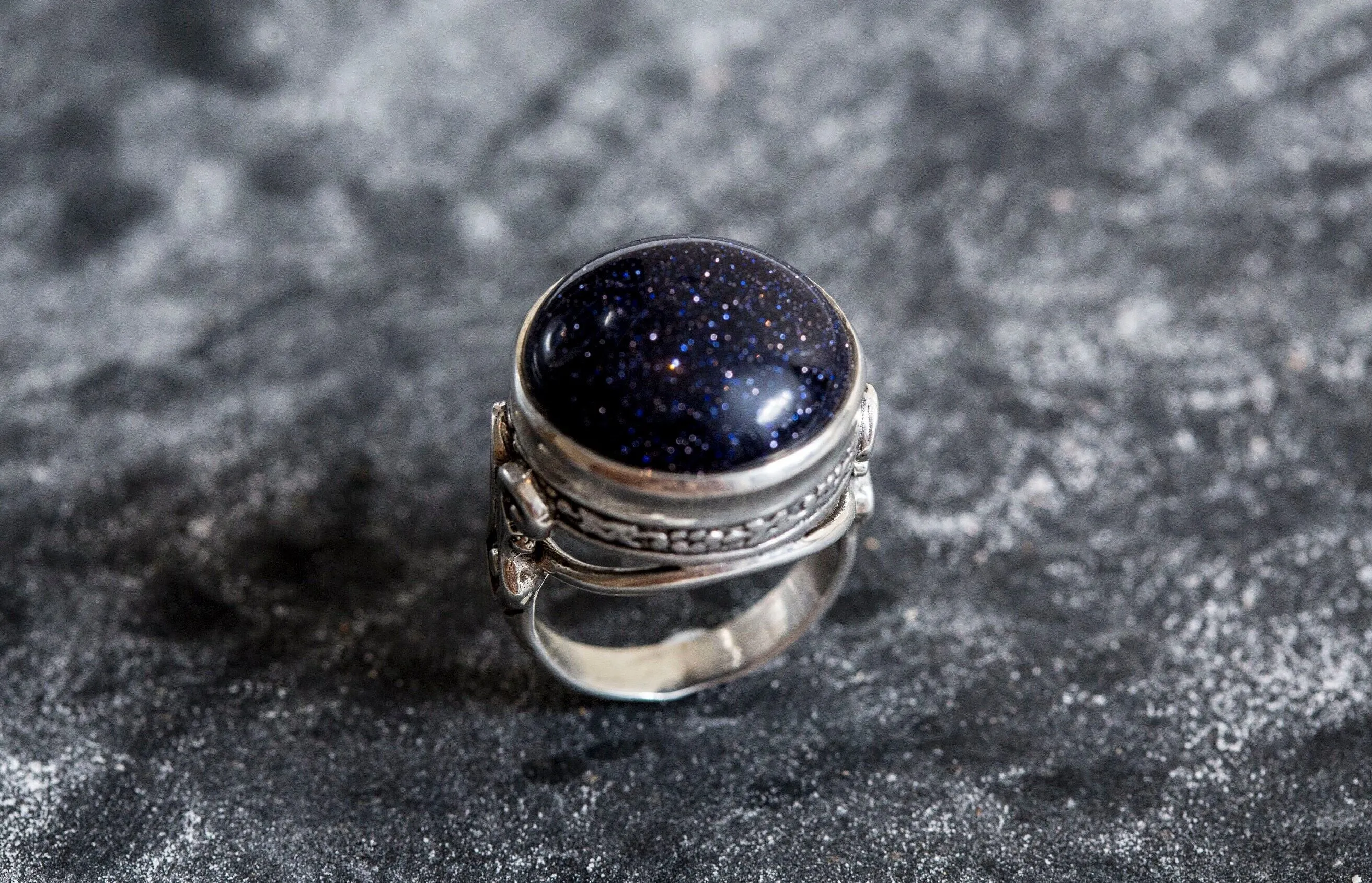 Blue Sandstone Ring - Large Round Ring - Blue Vintage Ring
