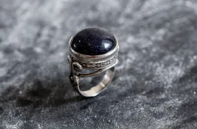 Blue Sandstone Ring - Large Round Ring - Blue Vintage Ring