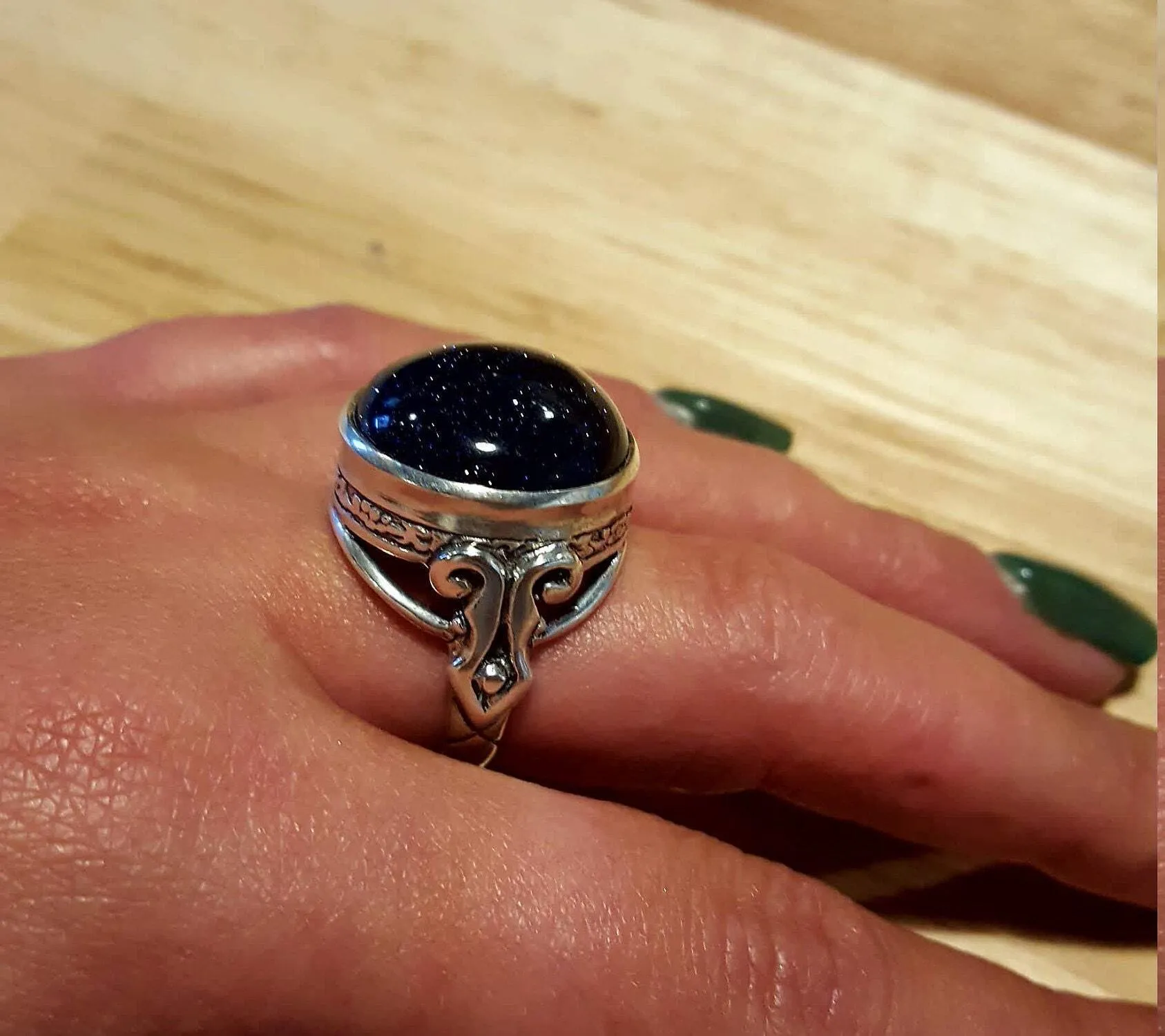 Blue Sandstone Ring - Large Round Ring - Blue Vintage Ring