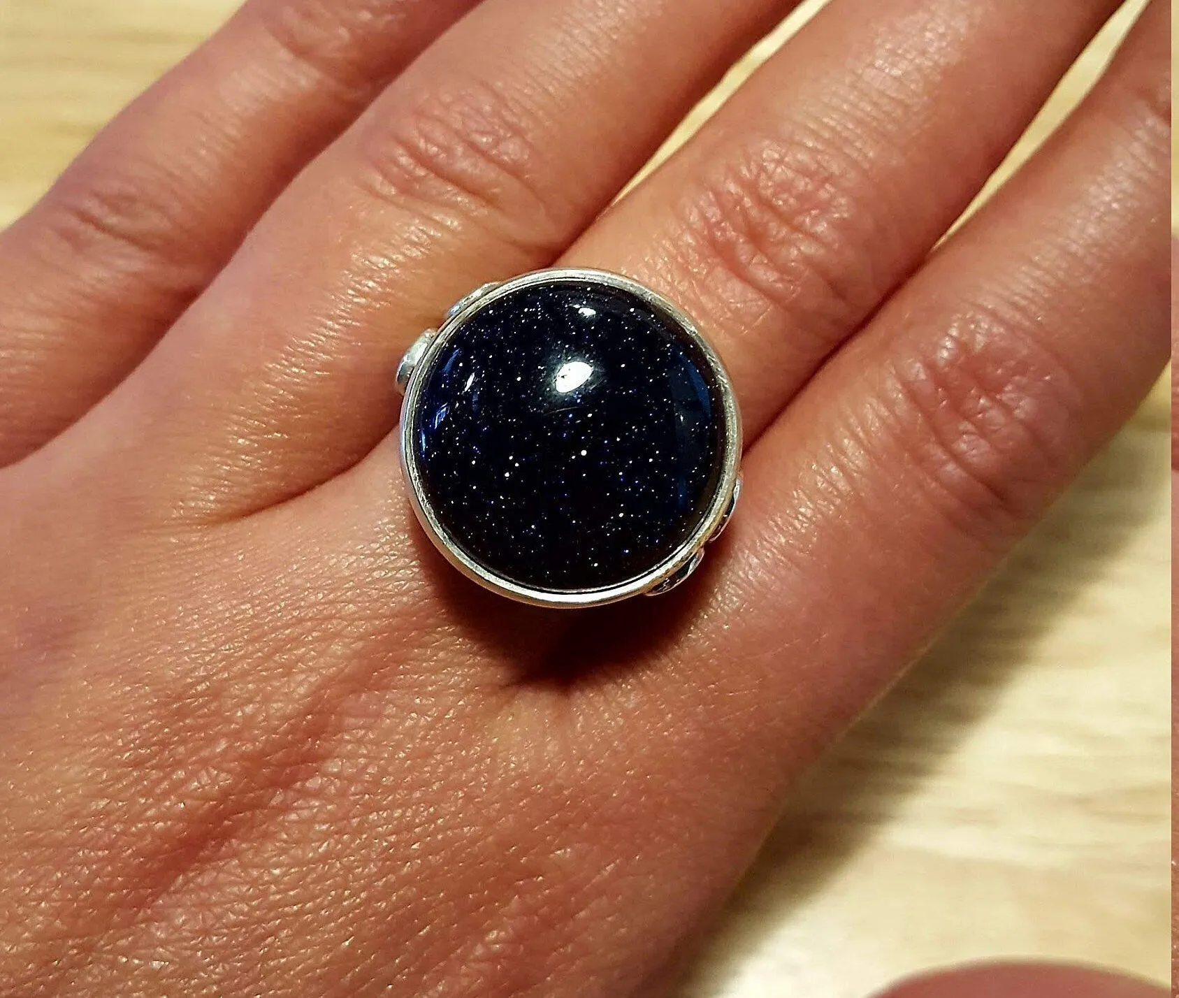 Blue Sandstone Ring - Large Round Ring - Blue Vintage Ring
