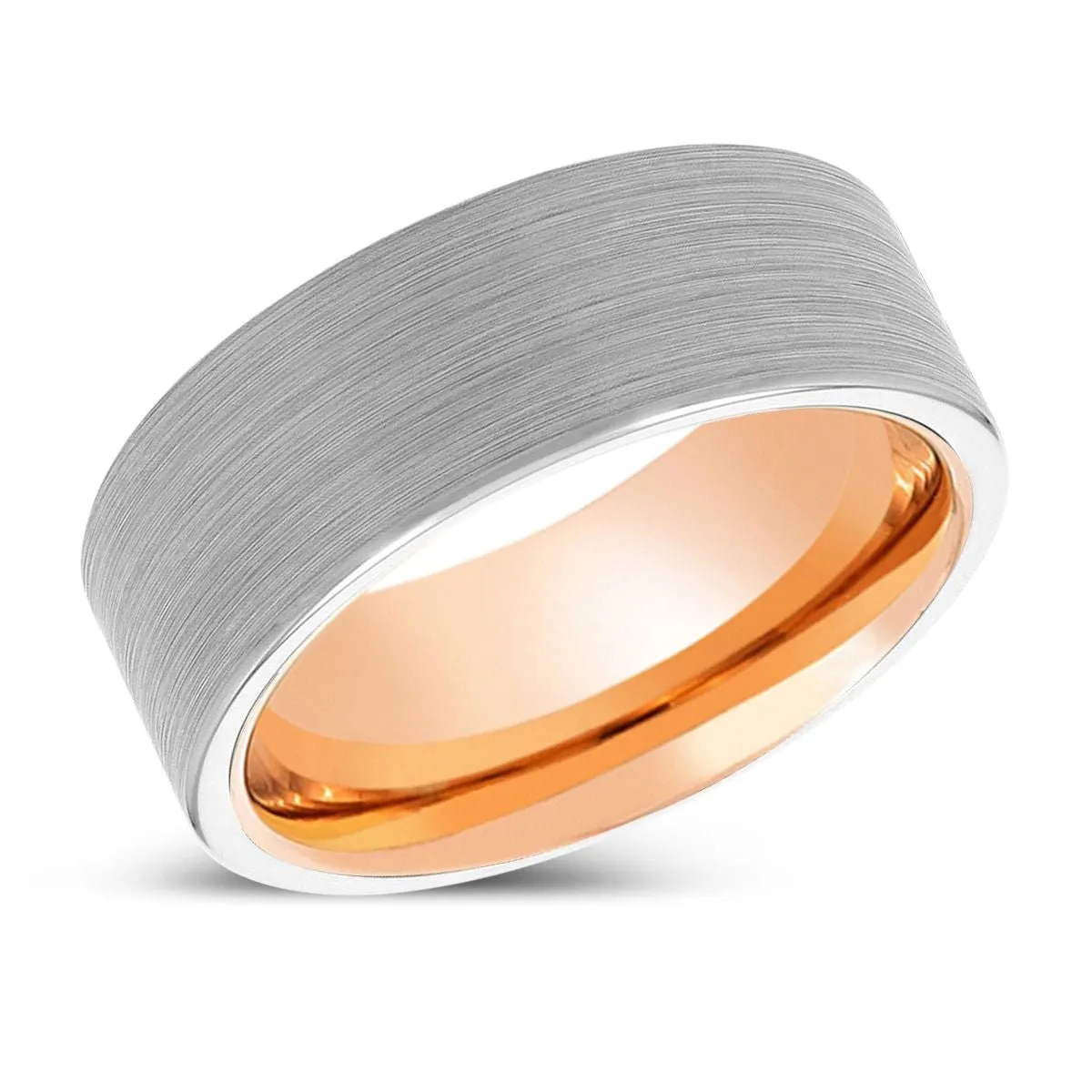 CORBAN | Rose Gold Ring, White Tungsten Ring, Brushed, Flat