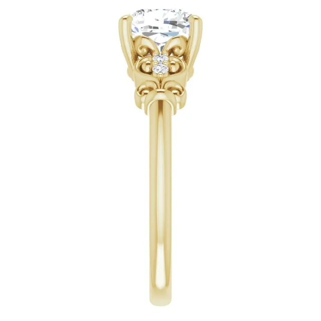 Cubic Zirconia Engagement Ring- The Amice (Customizable Vintage 5-stone Design with Cushion Cut Center and Artistic Band Décor)