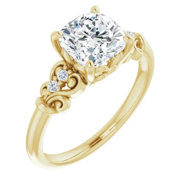 Cubic Zirconia Engagement Ring- The Amice (Customizable Vintage 5-stone Design with Cushion Cut Center and Artistic Band Décor)