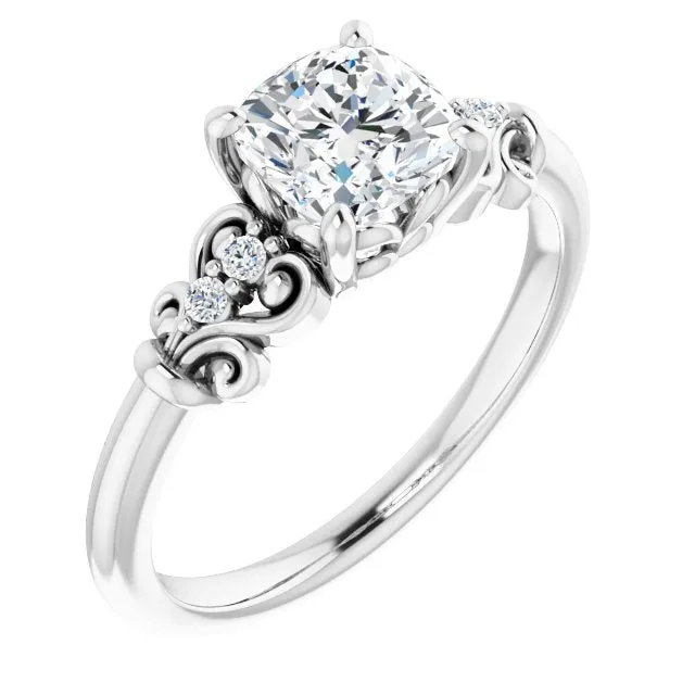 Cubic Zirconia Engagement Ring- The Amice (Customizable Vintage 5-stone Design with Cushion Cut Center and Artistic Band Décor)