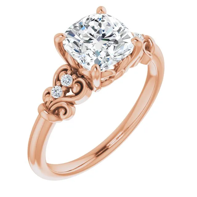 Cubic Zirconia Engagement Ring- The Amice (Customizable Vintage 5-stone Design with Cushion Cut Center and Artistic Band Décor)
