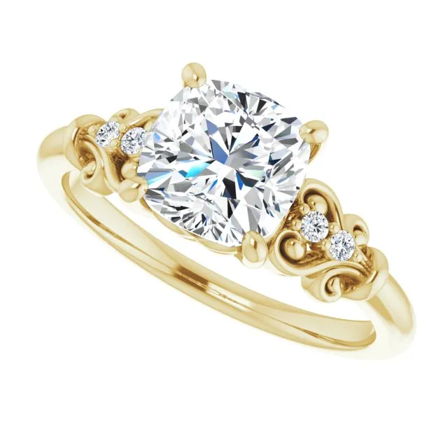 Cubic Zirconia Engagement Ring- The Amice (Customizable Vintage 5-stone Design with Cushion Cut Center and Artistic Band Décor)