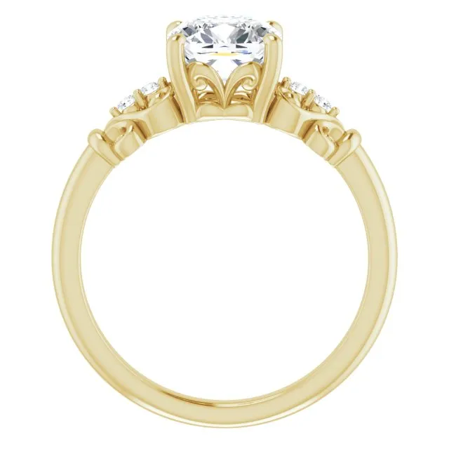 Cubic Zirconia Engagement Ring- The Amice (Customizable Vintage 5-stone Design with Cushion Cut Center and Artistic Band Décor)