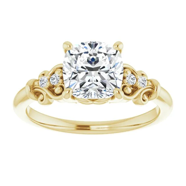 Cubic Zirconia Engagement Ring- The Amice (Customizable Vintage 5-stone Design with Cushion Cut Center and Artistic Band Décor)