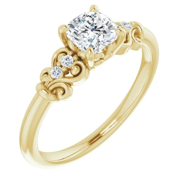 Cubic Zirconia Engagement Ring- The Amice (Customizable Vintage 5-stone Design with Cushion Cut Center and Artistic Band Décor)