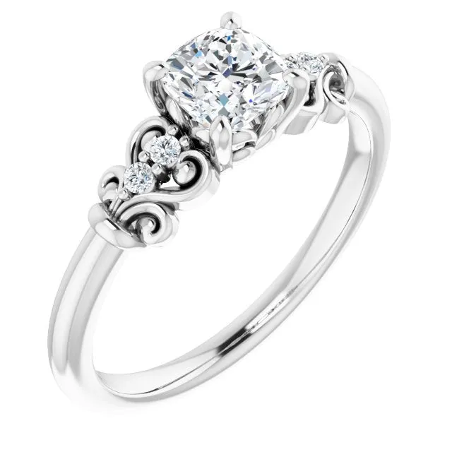 Cubic Zirconia Engagement Ring- The Amice (Customizable Vintage 5-stone Design with Cushion Cut Center and Artistic Band Décor)