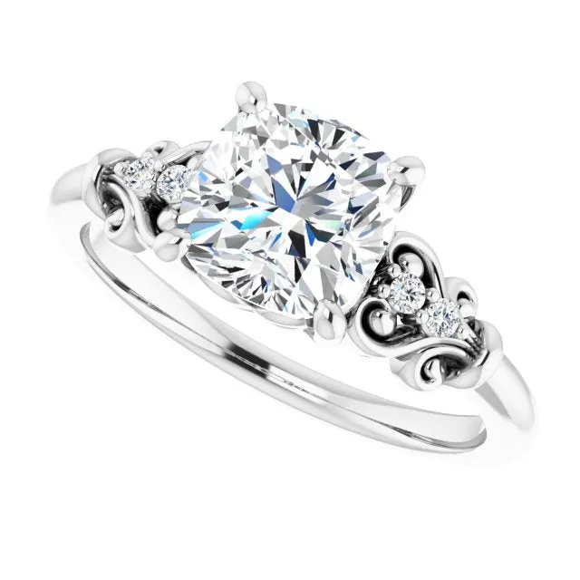 Cubic Zirconia Engagement Ring- The Amice (Customizable Vintage 5-stone Design with Cushion Cut Center and Artistic Band Décor)