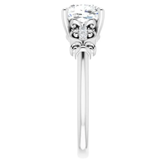Cubic Zirconia Engagement Ring- The Amice (Customizable Vintage 5-stone Design with Cushion Cut Center and Artistic Band Décor)