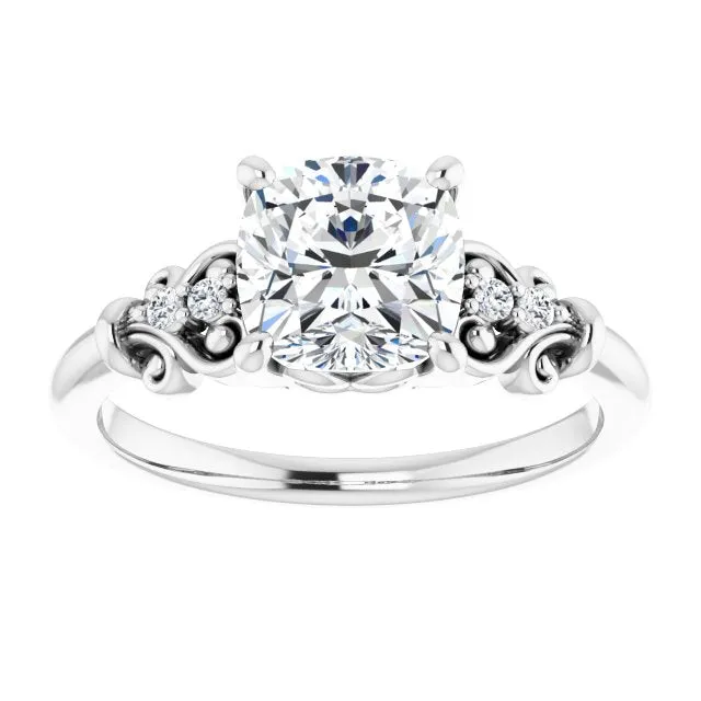 Cubic Zirconia Engagement Ring- The Amice (Customizable Vintage 5-stone Design with Cushion Cut Center and Artistic Band Décor)