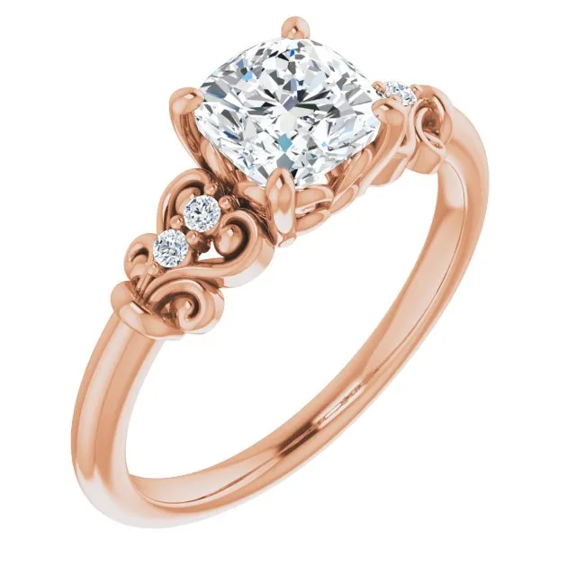 Cubic Zirconia Engagement Ring- The Amice (Customizable Vintage 5-stone Design with Cushion Cut Center and Artistic Band Décor)