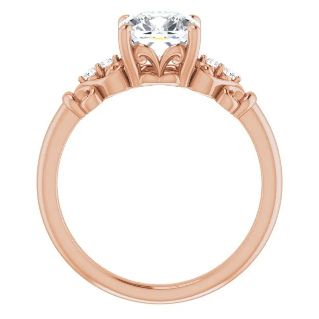 Cubic Zirconia Engagement Ring- The Amice (Customizable Vintage 5-stone Design with Cushion Cut Center and Artistic Band Décor)