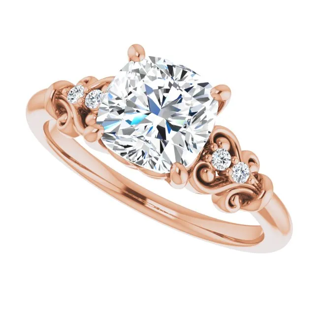 Cubic Zirconia Engagement Ring- The Amice (Customizable Vintage 5-stone Design with Cushion Cut Center and Artistic Band Décor)