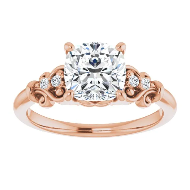 Cubic Zirconia Engagement Ring- The Amice (Customizable Vintage 5-stone Design with Cushion Cut Center and Artistic Band Décor)