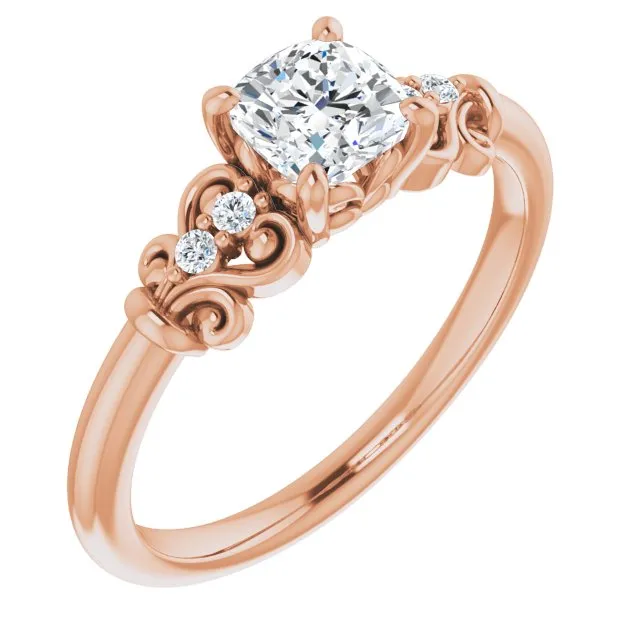 Cubic Zirconia Engagement Ring- The Amice (Customizable Vintage 5-stone Design with Cushion Cut Center and Artistic Band Décor)