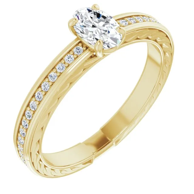 Cubic Zirconia Engagement Ring- The Angie (Customizable Oval Cut Design with Rope-Filigree Hammered Inlay & Round Channel Accents)