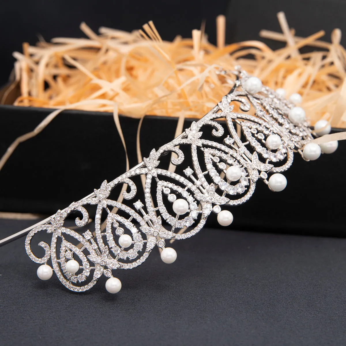 Cubic Zirconia Replica Spanish Loop Tiara for Wedding,Pearls Bride Tiara CH10387