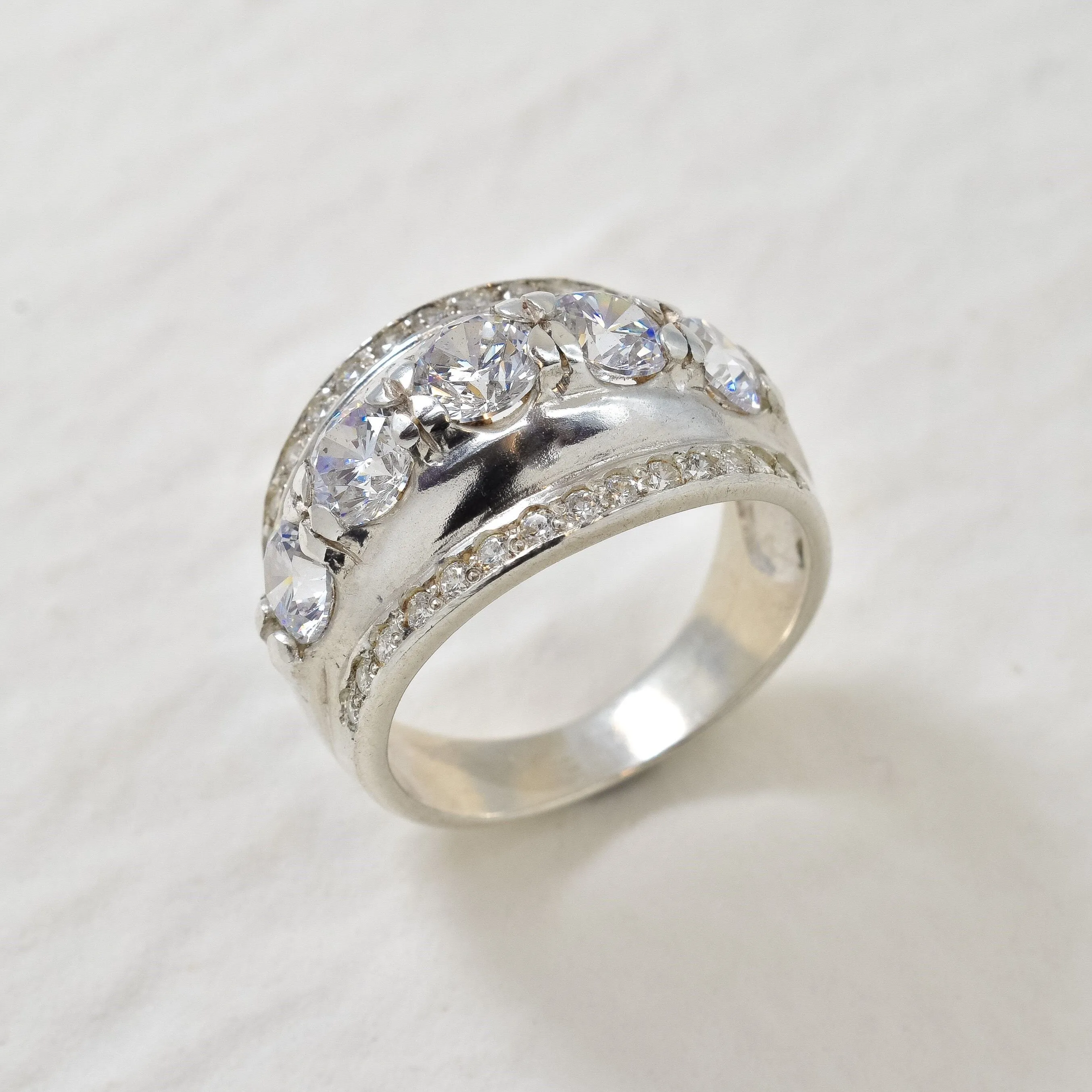 Diamond Statement Ring - Silver Dome Ring - Chunky Diamond Band