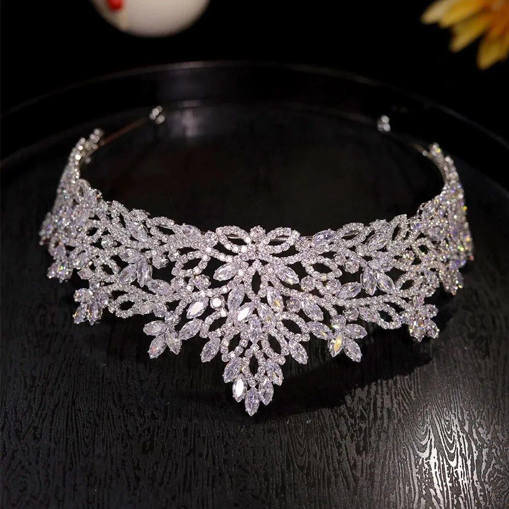 Flower Headdress CZ Silver Tiara Wedding Crown