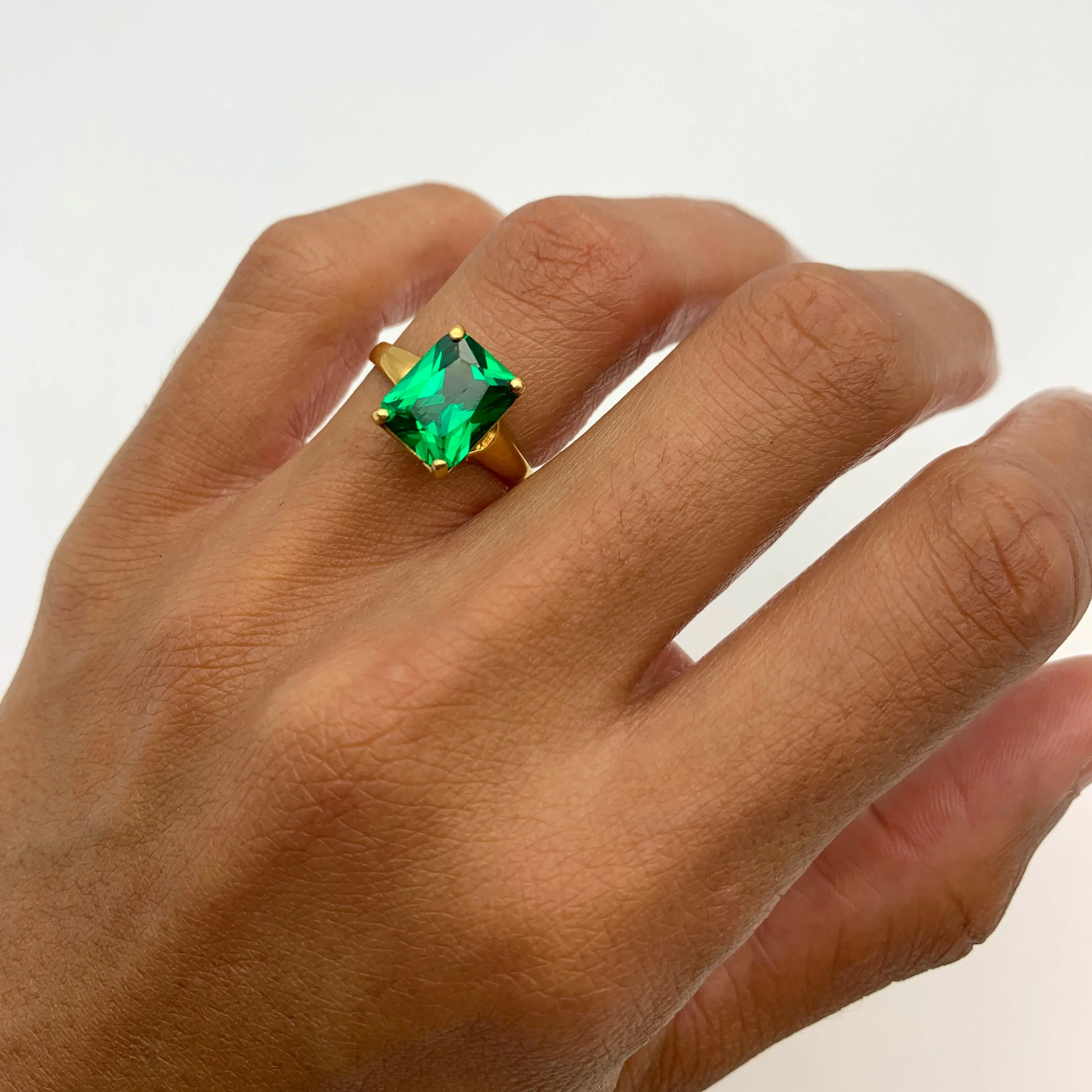 Gold Emerald Ring - Vintage Emerald Ring, Princess Cut Gold Ring