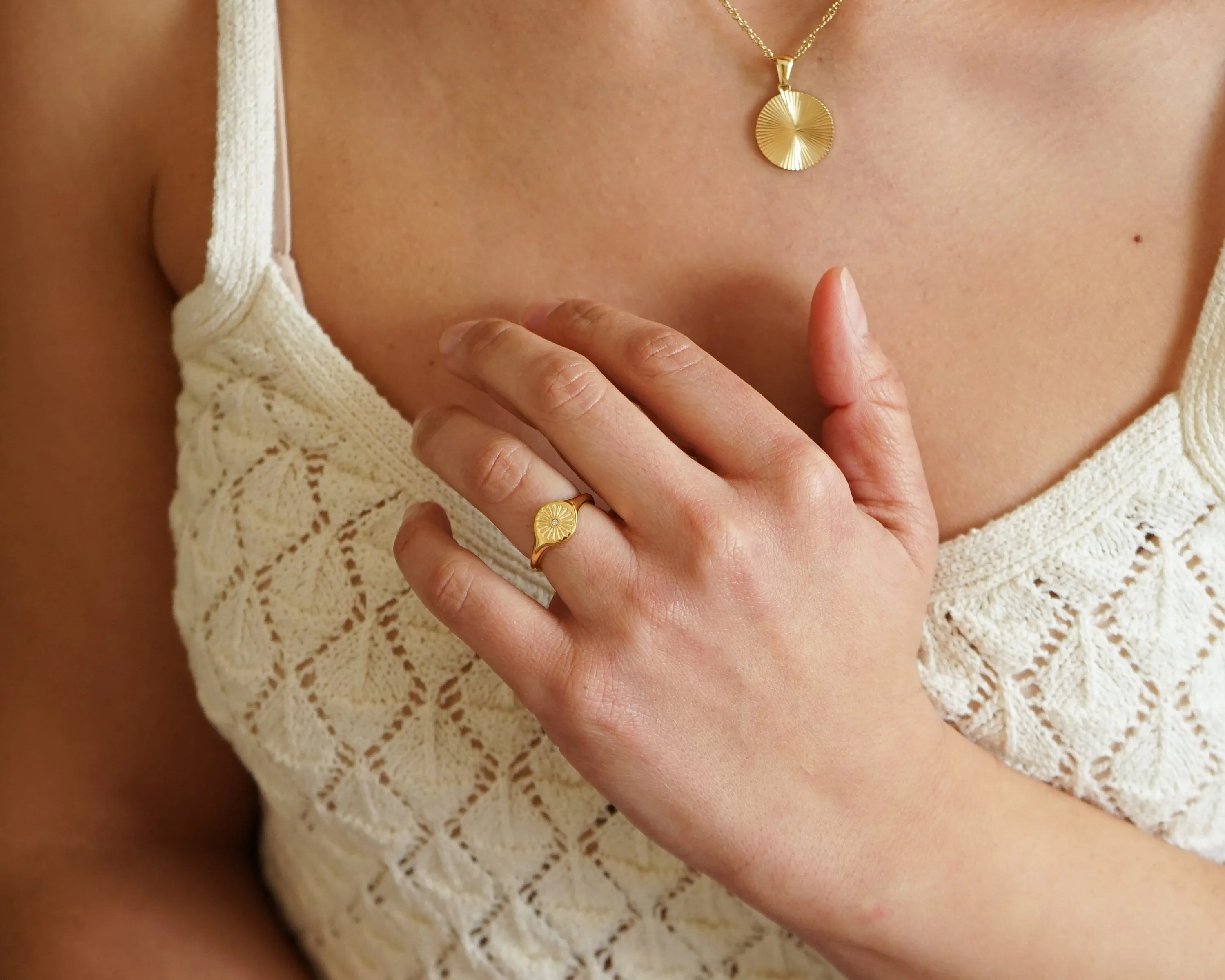 Gold Flower Heart Sun Rays Signet Ring