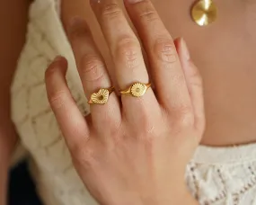 Gold Flower Heart Sun Rays Signet Ring