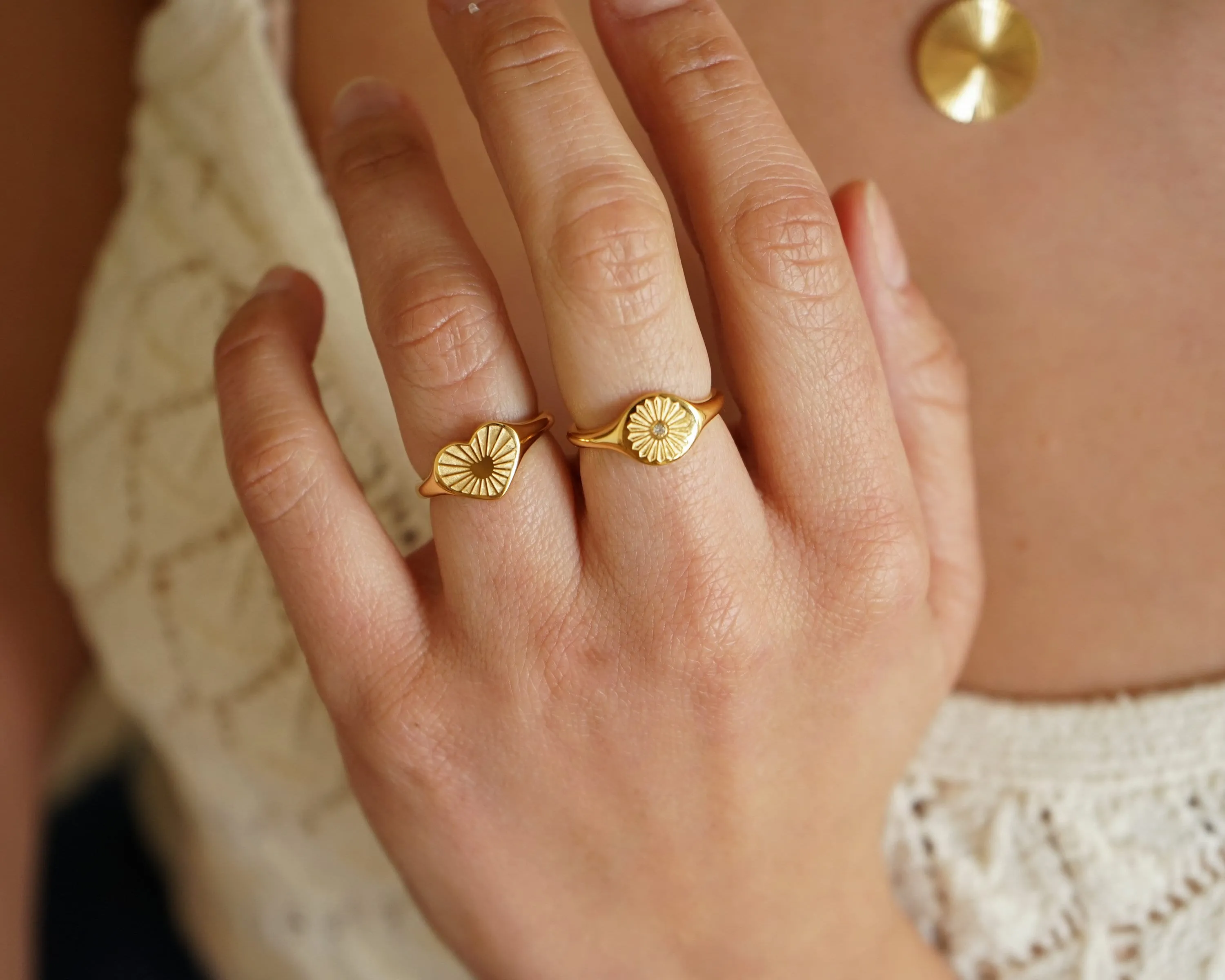 Gold Flower Heart Sun Rays Signet Ring