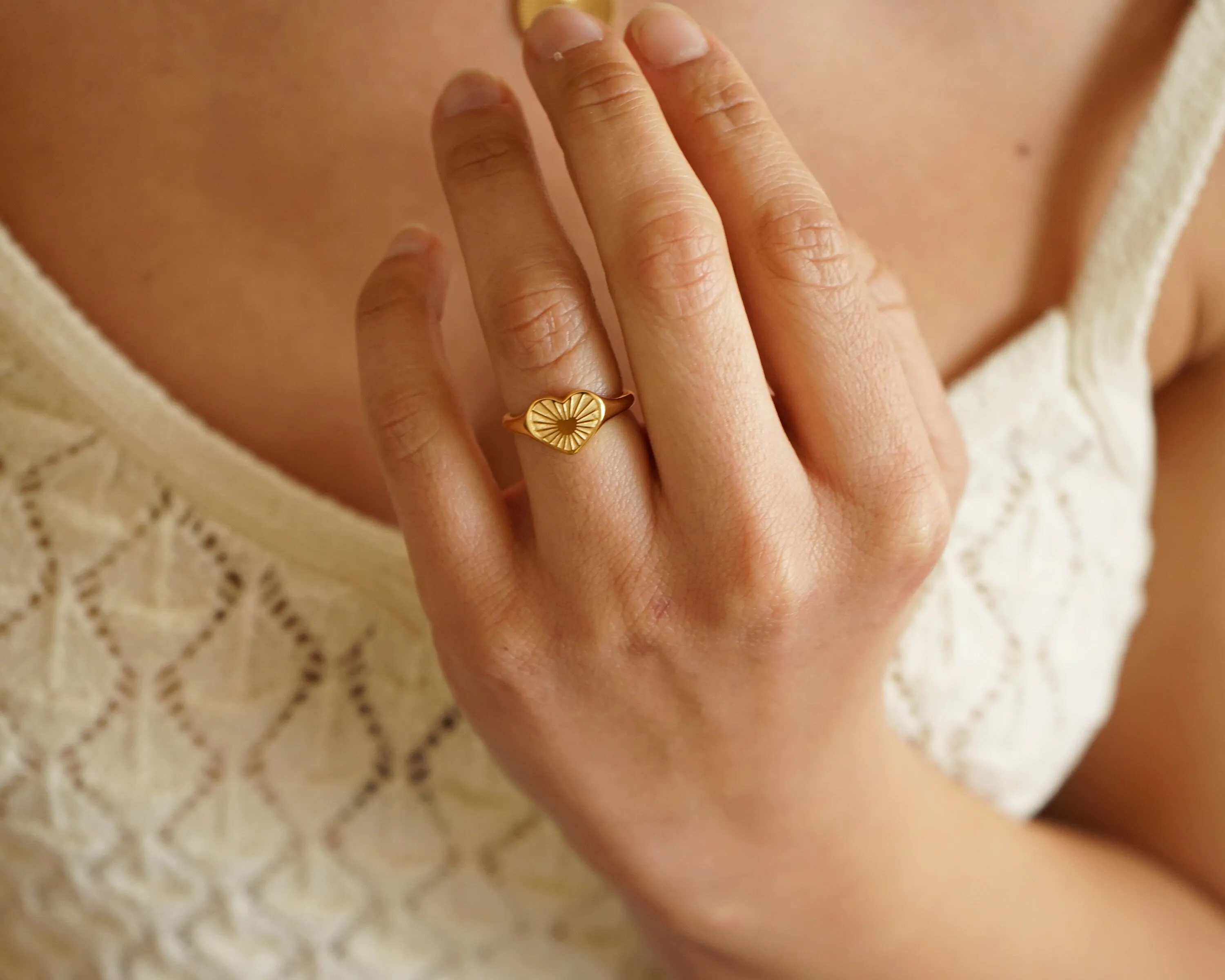 Gold Flower Heart Sun Rays Signet Ring