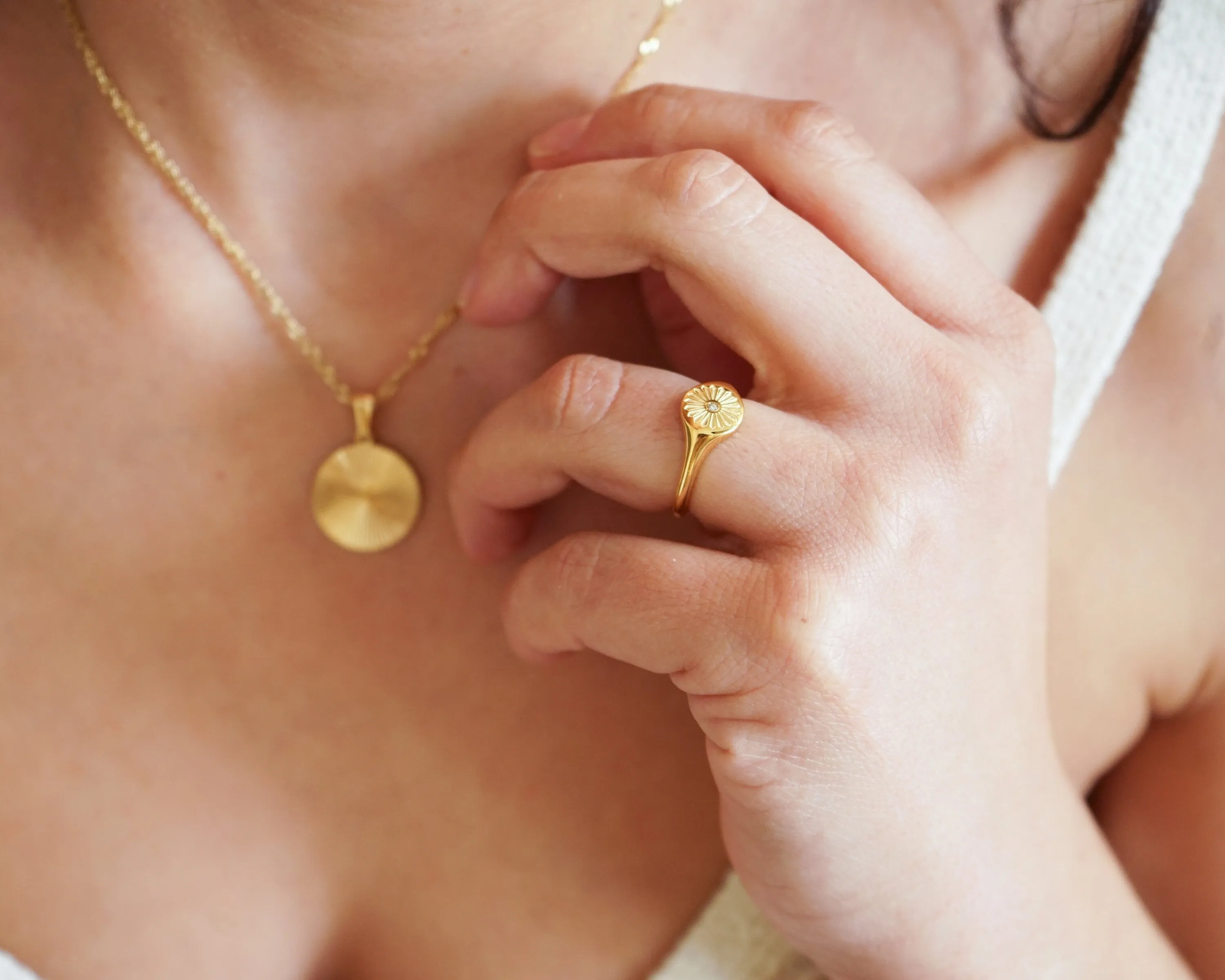 Gold Flower Heart Sun Rays Signet Ring
