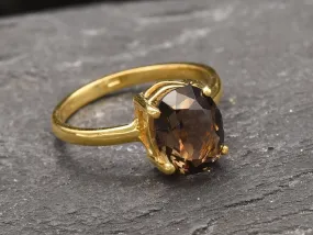 Gold Quartz Ring - Smoky Topaz Ring - Brown Diamond Ring