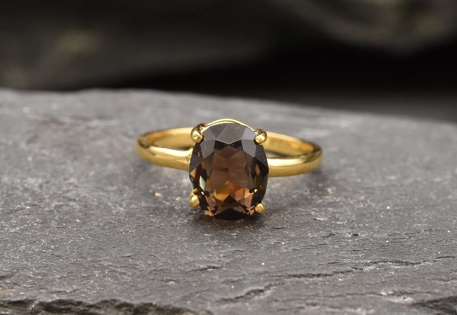 Gold Quartz Ring - Smoky Topaz Ring - Brown Diamond Ring